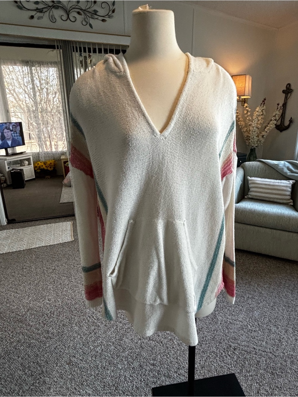 Cream Hooded V-Neck Sweater with Pastel Stripe Accents
